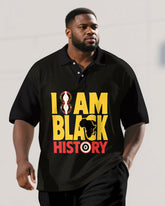 Big Men's BLACK HISTORY Letter Juneteenth Theme Short Sleeve Polo Shirt Shorts Suit
